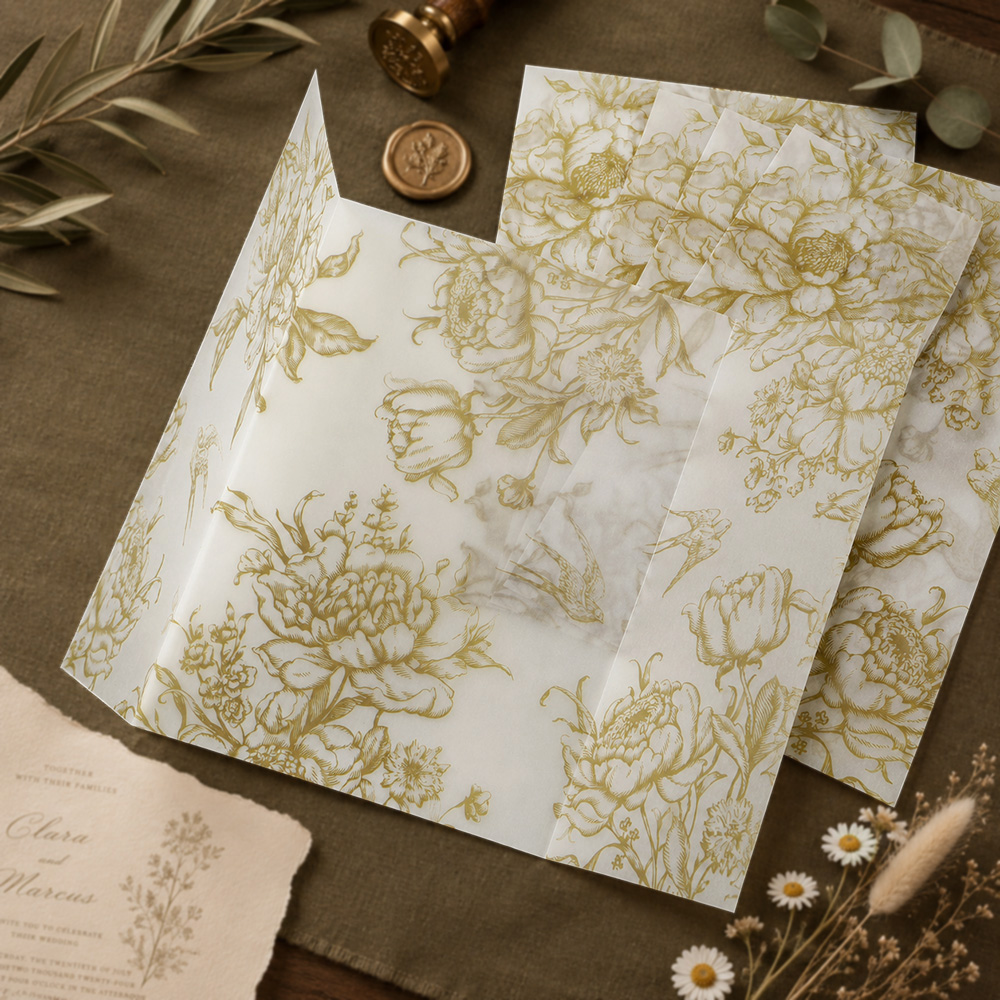 Wedding Envelopes - 20/50pcs Vellum Wrap with Monochrome Flowers,
